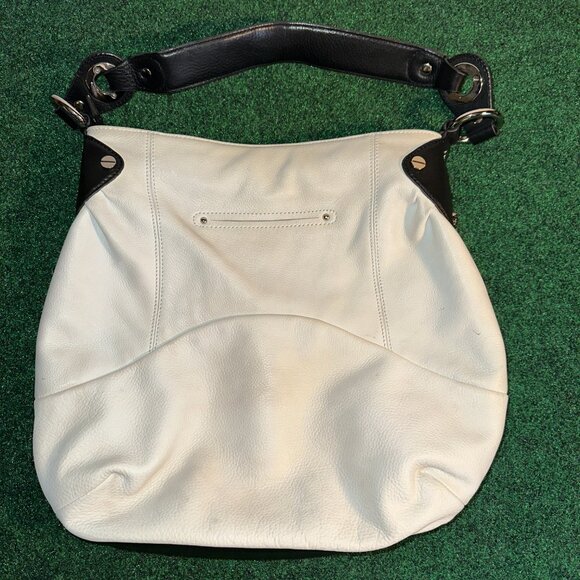 B Makowsky Shoulder Bag White Leather Handbag BLack Shoulder Strap Zip Pockets - Picture 7 of 16